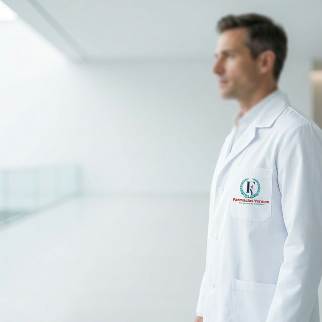 Profesional en bata blanca con logo de Farmacias Yermen